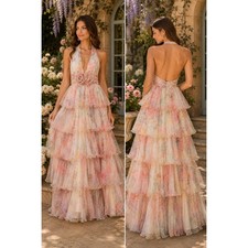 Sherri Hill Floral Tiered Gown 0 Pink Halter Rosette Maxi Dress Excellent