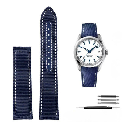 Sailcloth Fabric Blue + White Watch Strap For Omega Seamaster Model 300M 19-20mm
