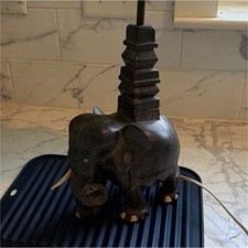 Elephant Wood Table Lamp Brown w/ Fabric Fringe Bell Shade, Corded Wall Switch