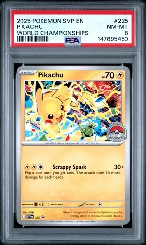 2025 POKEMON SVP EN-SV BLACK STAR PROMO WORLD CHAMPIONSHIPS #225 PIKACHU PSA 8