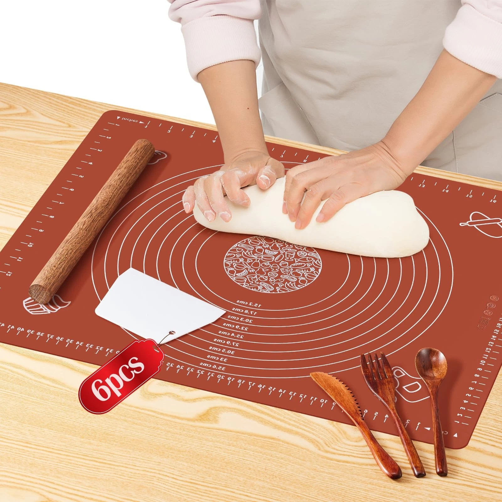 6PCS Silicone Baking Mat Set, Pastry Mat with Measurements Wooden Rolling Pin...