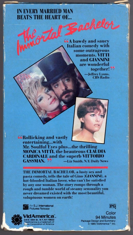 **CLAUDIA CARDINALE** The Immortal Bachelor (1975) Monica Vitti ~VidAmerica VHS~ - Image 2 of 3