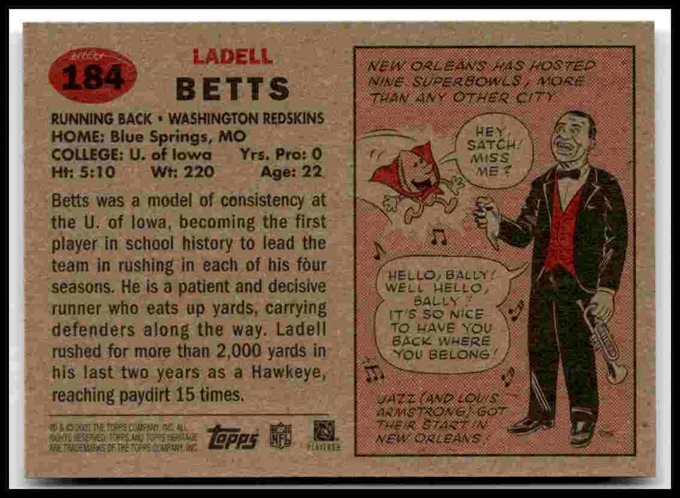 2002 Topps Heritage #184 Ladell Betts RC Rookie Card - Image 2 of 2