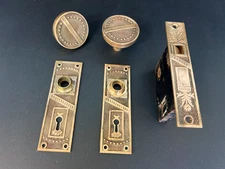 Antique Brass Eastlake Door Lock Set – Knobs, Plates, Mortise Lock 1880s