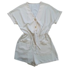 Apricot Cream Romper Medium Button Front Elastic Waist Tie Belt Pockets NWOT.