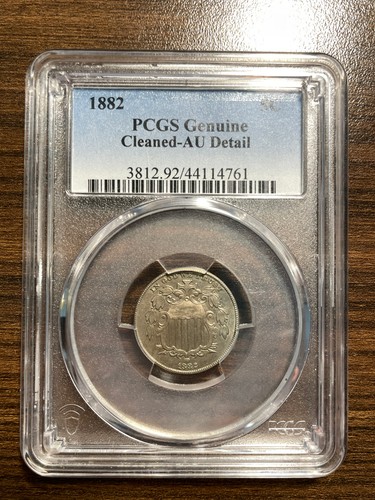 1882-P Shield Nickel 5C PCGS Genuine Cleaned AU Details Type 2, No Rays