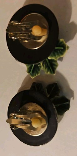 Orecchini Vintage Clip-On Tono Oro Agrifoglio Pietra Rossa Vacanze Natale, Lge. - Foto 4 di 5