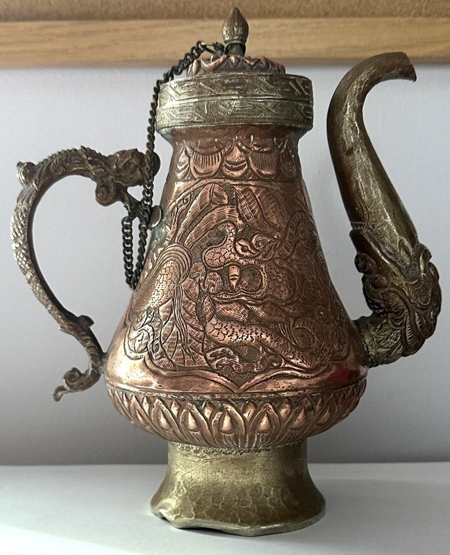 VINTAGE EWER  PITCHER COPPER & BRASS KASHMIRI OR PERSIAN  LIDDED