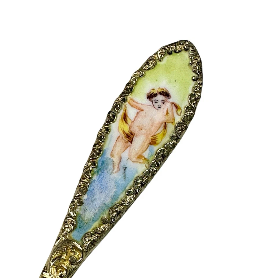 "Cuchara antigua de plata de ley con escena de querubín esmaltado, mango ornamentado 4 1/8""" Foto 2 de 4