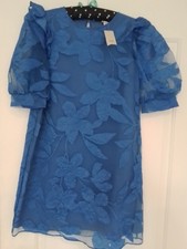 River Island Women's Electric Blue Floral Embossed Puff Sleeve lined Mini Dress