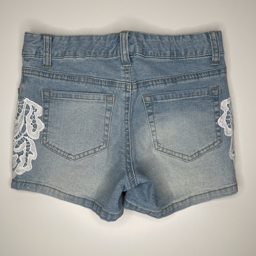 Justice Girls Size 14 Slim Blue Denim Shorts Lace Appliqué Light Wash Stretch Je - Picture 2 of 7