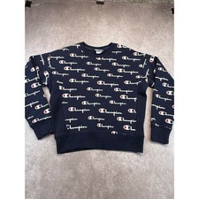 Champion Reverse Weave Sweatshirt Sweater Mens M All Over Logo Crewneck Navy