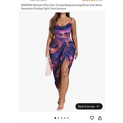 purple tie dye bodycon dress WDIRARA Purple Pink Tie Dye Maxi Dress, Cowl Neck, Ruched Split, 3XL Plus