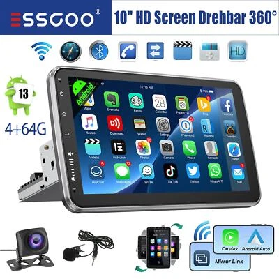 ESSGOO 10" Autoradio 1 DIN Android 14 4+64G Carplay GPS BT RDS Ruotabile Schermo Camera