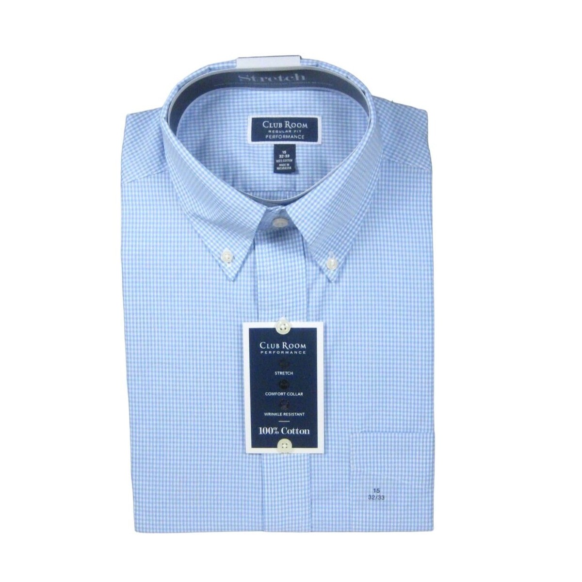 Club Room Mens Regular Fit Performance Stretch Dress 32 to 33 Shirt 15  Gingham | eBay