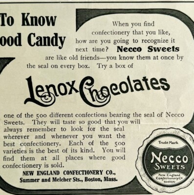 1906 Necco Sweets Lenox Chocolates Advertisement Candy Ephemera 3.75 x 4.5''