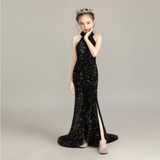 Halter Sequined Sweep Train Princess Fitted Mermaid Slit Dress Pageant Ball Gown