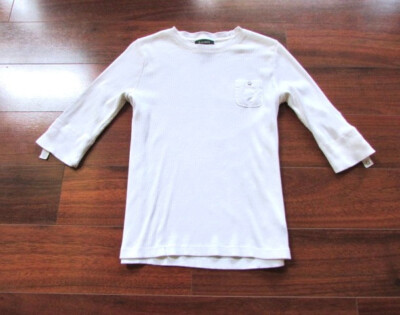 RALPH LAUREN ~ Size S ~ White Ribbed Cotton Click Snap Tab 3/4 Sleeve Shirt c2