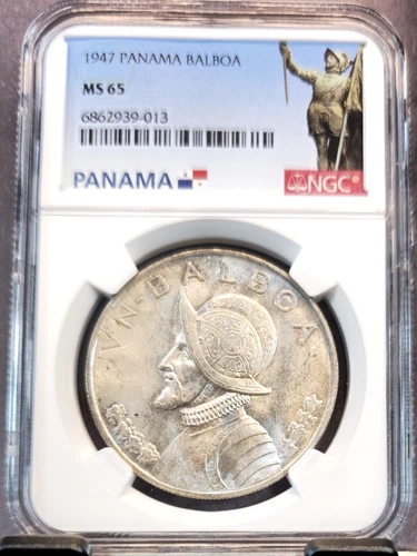 1947 PANAMA SILVER 1 BALBOA VASCO NUNEZ DE BALBOA NGC MS 65 SCARCE GEM BU