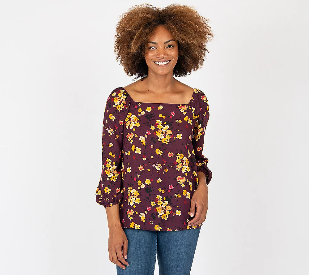 Gibson Look Woven Square-Neck Blouse Purple Floral Size Large