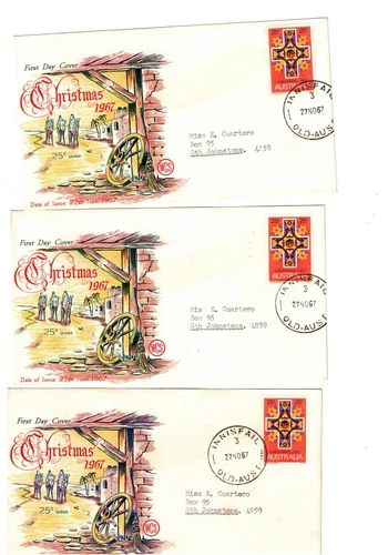 Australia 1967 25c Xmas on FDCs,cds INNISFAIL 3 Qld    (3)