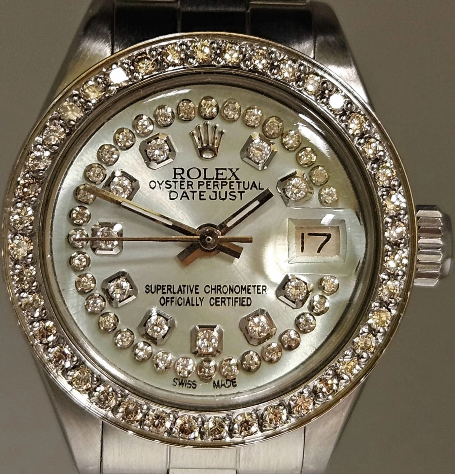 Rolex Ladies  Datejust Oyster Stainless Steel Diamond Dial Ice Blue Bezel Watch