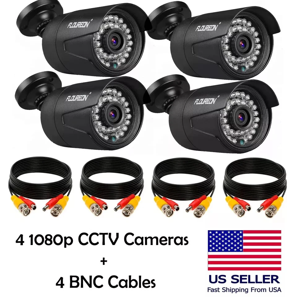 FLOUREON 4 PACK CCTV Security Cameras 1080P Outdoor/Indoor With 60ft BNC Cables