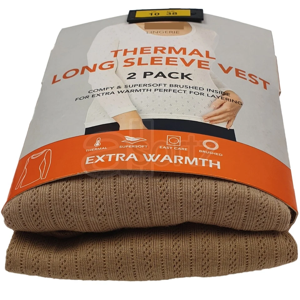 Ladies 2 Pack Thermal Vest Tops Long Sleeve Pointelle Winter Warm UK Size M S L - Image 4 of 4