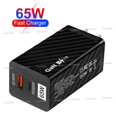 65W GaN Wall Adapter Charger USB Type C PD QC 3.0 Fast Charge For iPhone Android