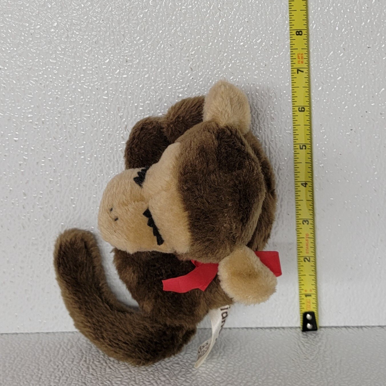 Vintage 1977 Russ Sidney Sleeping Brown Monkey Plush Red Ribbon 6"