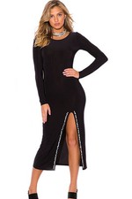 Solid Black Bejeweled High Slit Long Sleeve Party Maxi Dress
