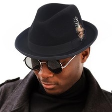 Wool Fedora Hats for Men Women Wide Brim Felt Panama Hat X-Large Feather-black