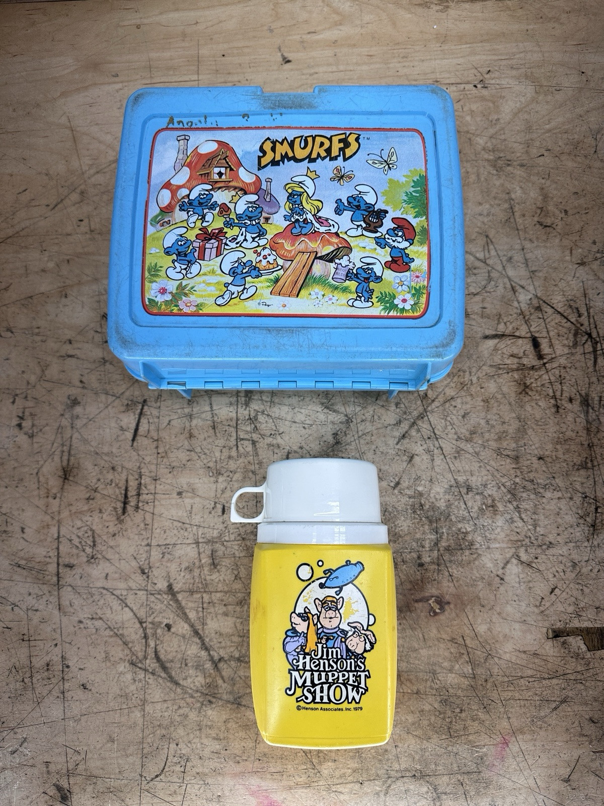 Vintage Original Smurfs Plastic Blue Lunchbox Only Thermos USA 1985 Kids