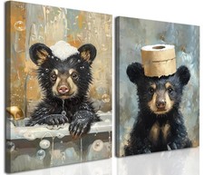 Bear Bathroom Wall Art Set of 2 Funny Animal Pictures Wall Decor Canvas Black...