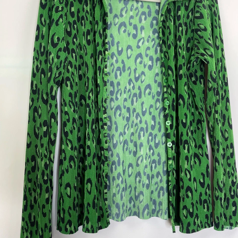 Blusa mujer Cyrus Y2K verde leopardo plisada abotonada manga larga talla mediana Foto 3 de 4