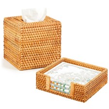 2 Pcs Rattan Tissue Box Cover  Wicker Napkin Tray Holder Set, Square Natural...