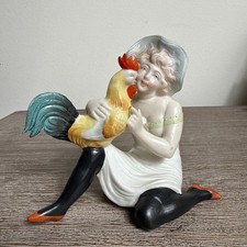 Antique Schafer & Vater Black Stockings Bathing Beauty & Rooster Bisque Figurine