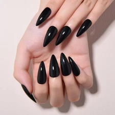 Halloween Black Glossy Press on Nails Medium Almond, Glossy Black Fake Nails ...