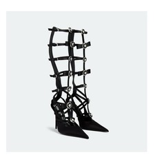 Versace Gianni Ribbon 37 US 7 Black Satin Knee High Cage Pumps Runway NIB $2,225