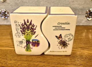 Croatia Ceramic Lavender Salt And Pepper Set. Plastic Stoppers In Base