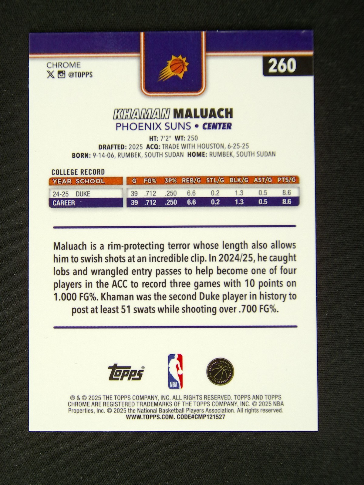 2025-26 Topps Chrome Khaman Maluach #260 RC Rookie Magenta Refractor /399