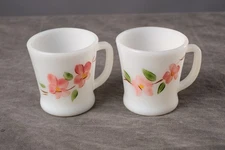 FIRE KING Gay Fad Milk Glass Coffee Mugs Pink Flowers Hand Painted - Set of 2