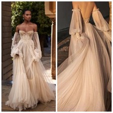 Fashion Backless Wedding Dresses Pleated Tulle A-line Floor-length Bridal Gowns