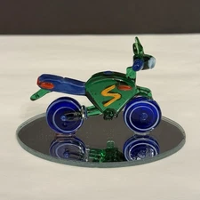 Miniature MOTORCYCLE Glass Figurine Green Blue Mirror Base Lampwork (By Wamana)