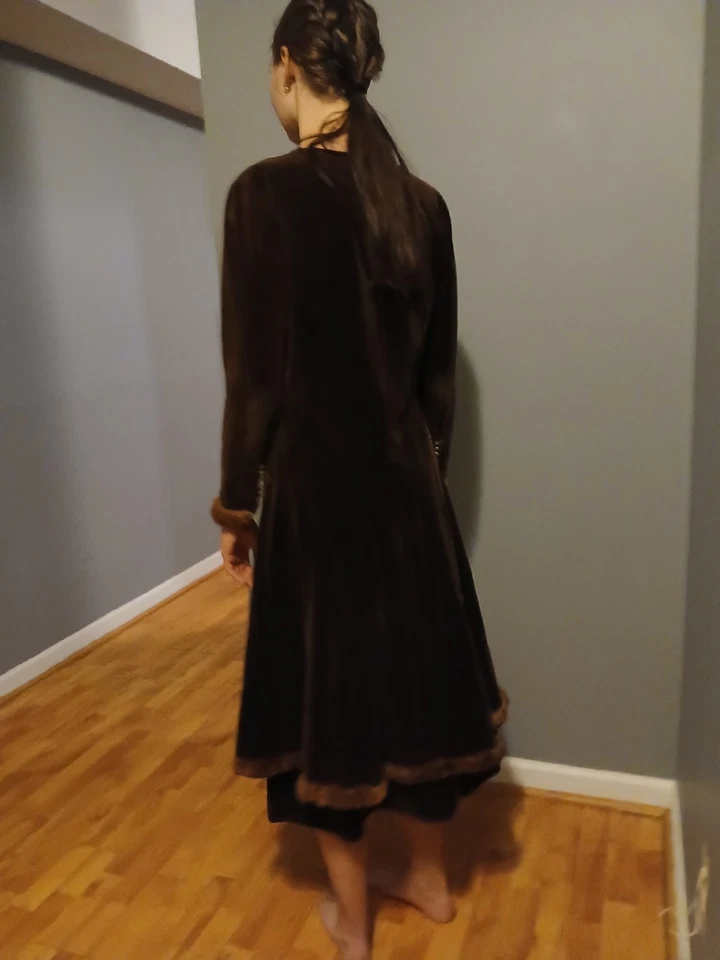 Over 100 Years Old Brown Cotton Velveteen With Fur Trim Tunic Dress Over Skirt - Image 3 of 4