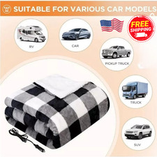 12V Heated Electric Car Truck Suv Van Fleece Black White Plaid Heater Blanket