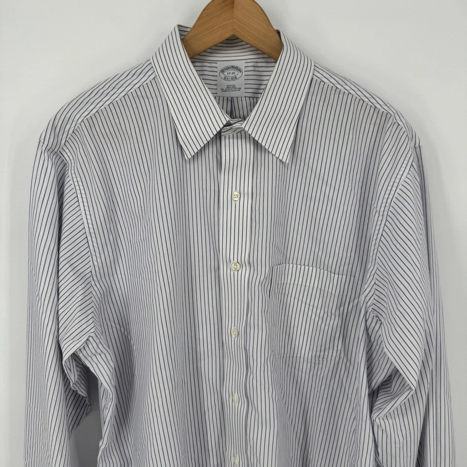 Brooks Brothers Mens 17 35 Slim Fit Blue Striped  Supima Cotton Dress Shirt - Image 2 of 4