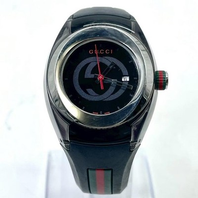GUCCI Sync Shelleline Quartz Watch G Logo Black Stainless Steel Auth