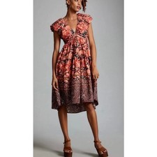 By Anthropologie Printed V-Neck Babydoll Midi Dress Size 4 Floral Puff Sleeve