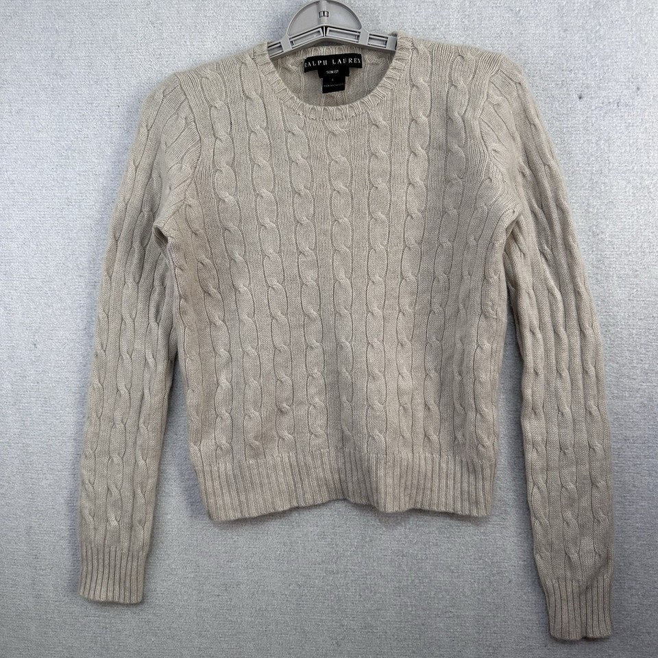 Ralph Lauren Women’s Sweater Large Slim Fit Cashmere Beige Cable-knit VTG